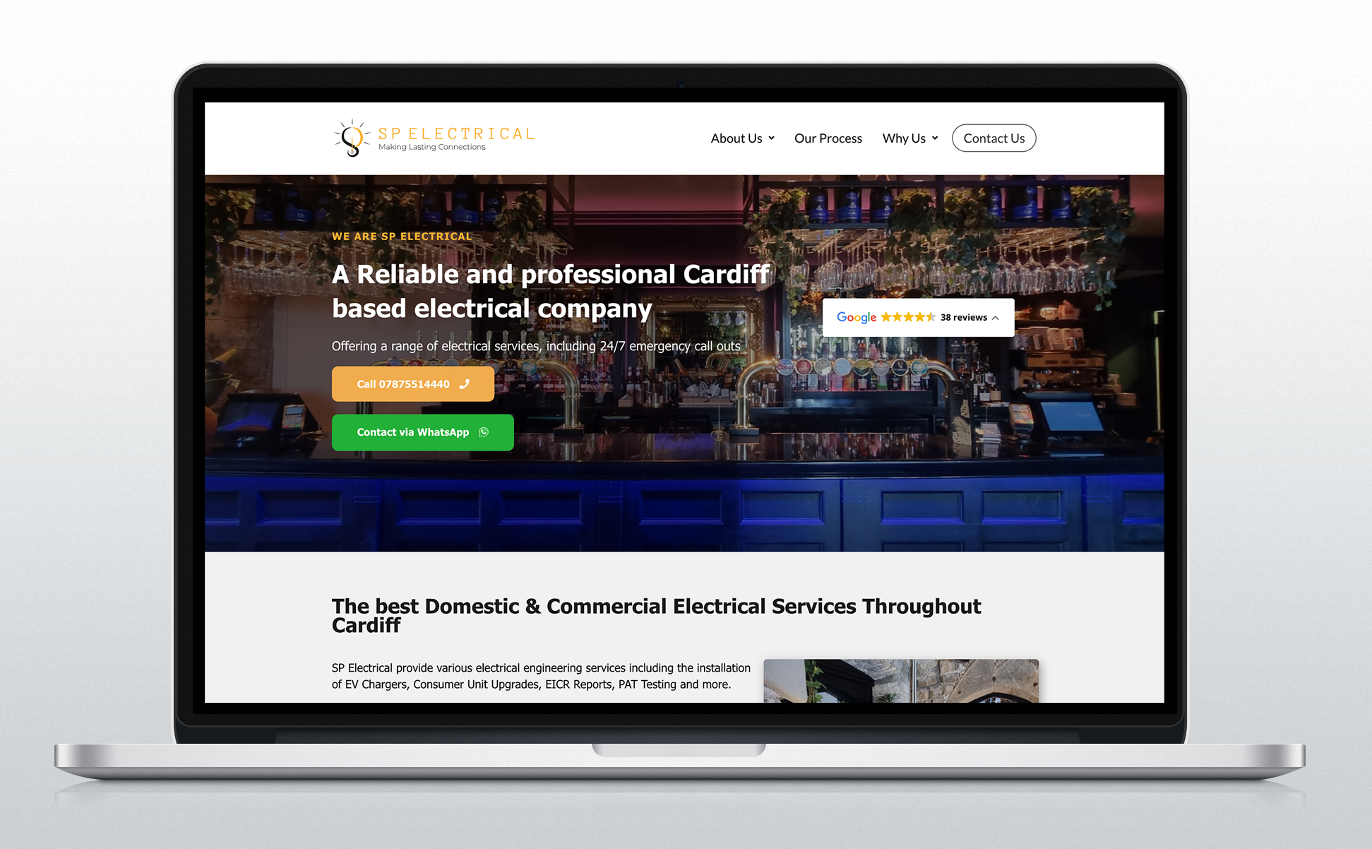A screenshot of SP Electrical home page.