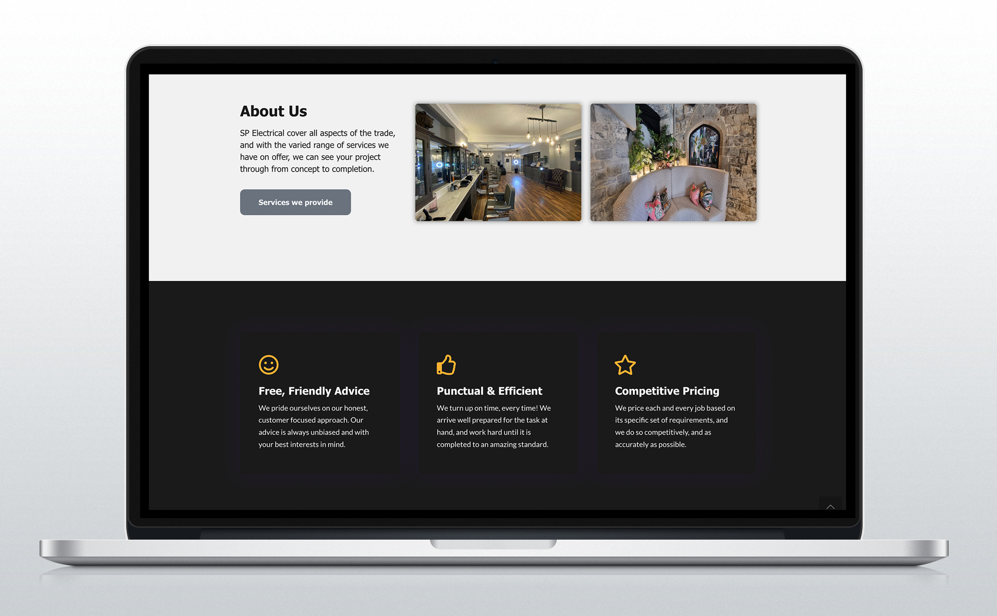 A screenshot of SP Electrical home page.
