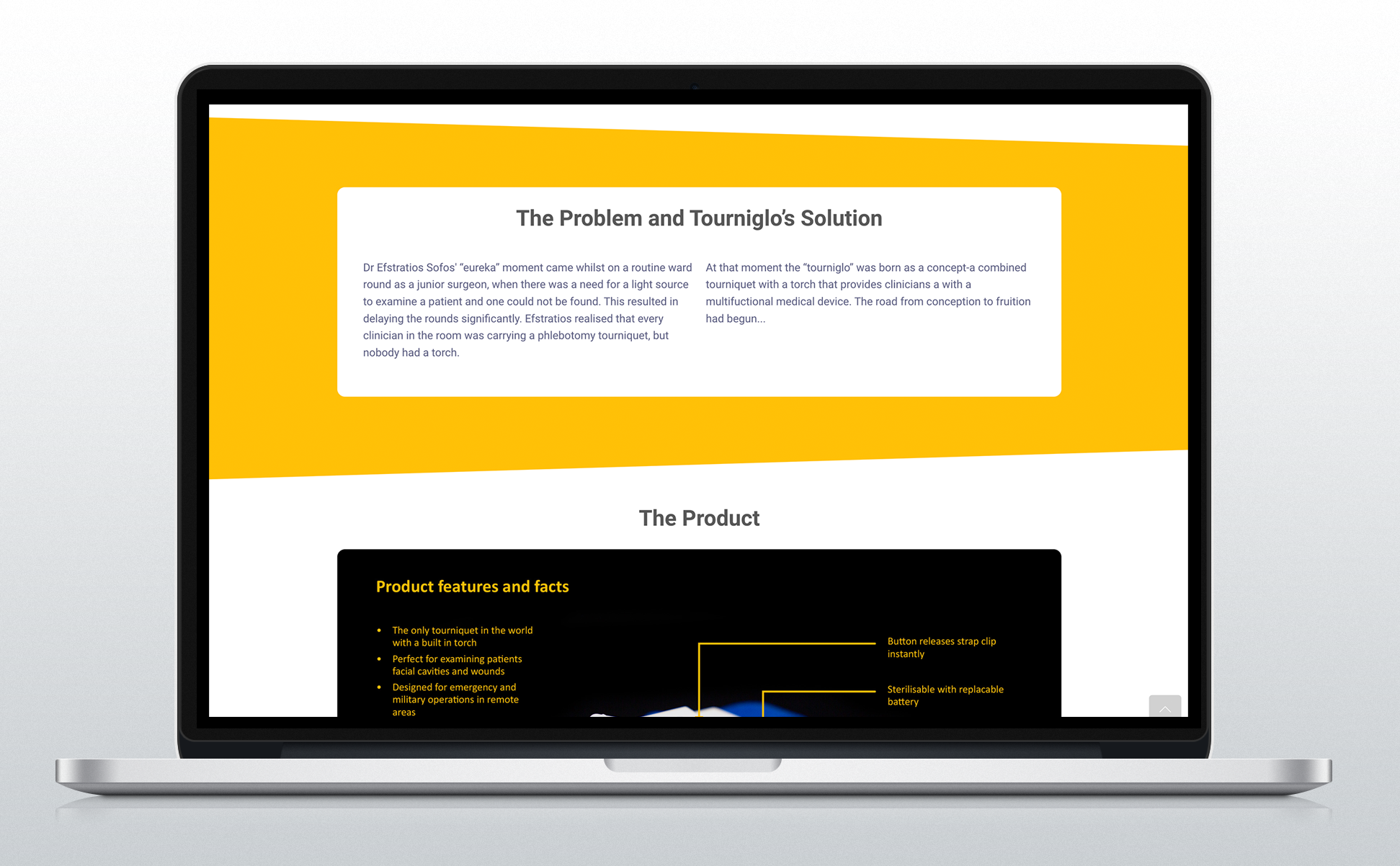 Screenshot of the home page for Tourniglo - a developed of a game changing medical tourniquet