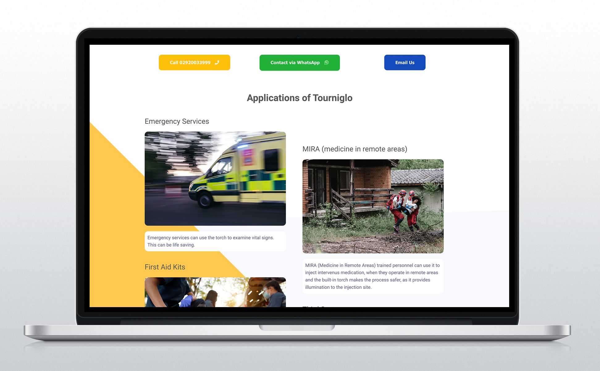 Screenshot of the home page for Tourniglo - a developed of a game changing medical tourniquet